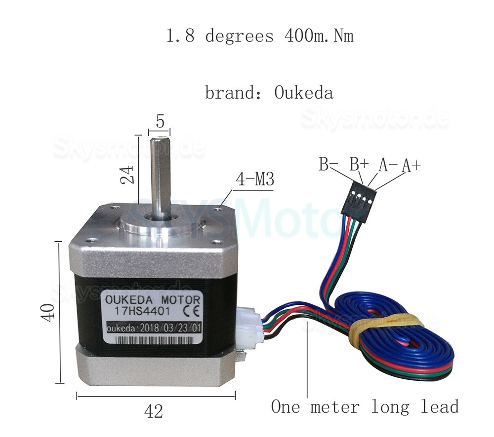 Oukeda NEMA 17 Schrittmotor 17HS4401 1,8 Grad 45Ncm 2 Phasen für 3D-Druckerrobotik